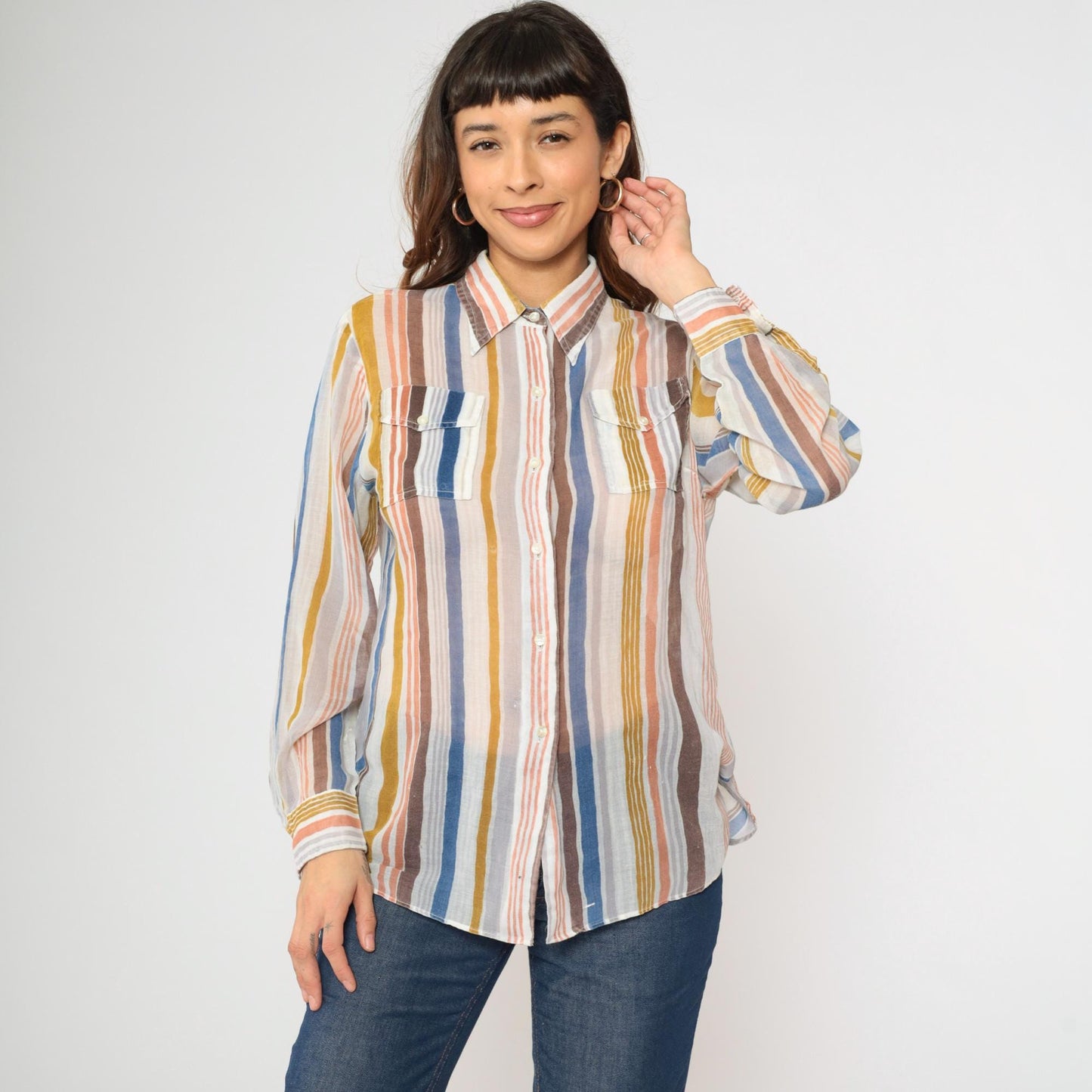 70s Tannerway Striped Button Up Shirt Sheer Earth Tone Long Sleeve Large