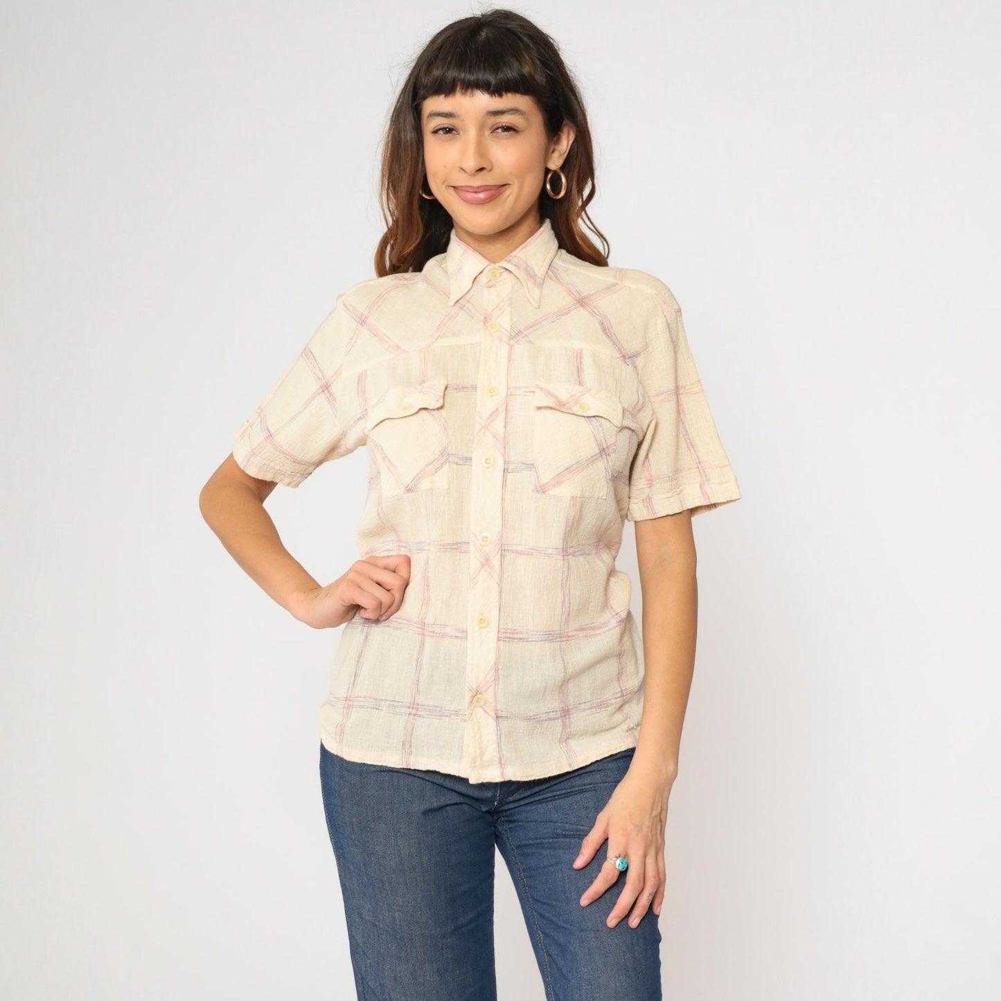 70s Trouper Gauze Plaid Shirt Cream Pointed Collar Button Up Medium