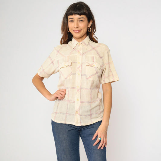70s Trouper Gauze Plaid Shirt Cream Pointed Collar Button Up Medium