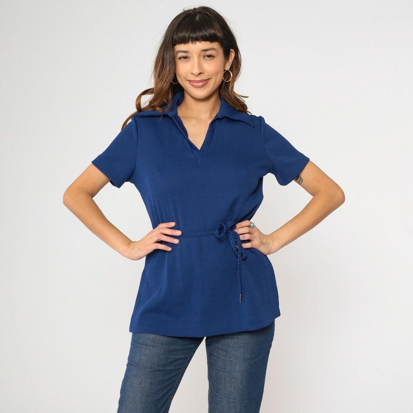 70s Dark Blue Ribbed Knit Johnny Collar Blouse Short Sleeve Large L