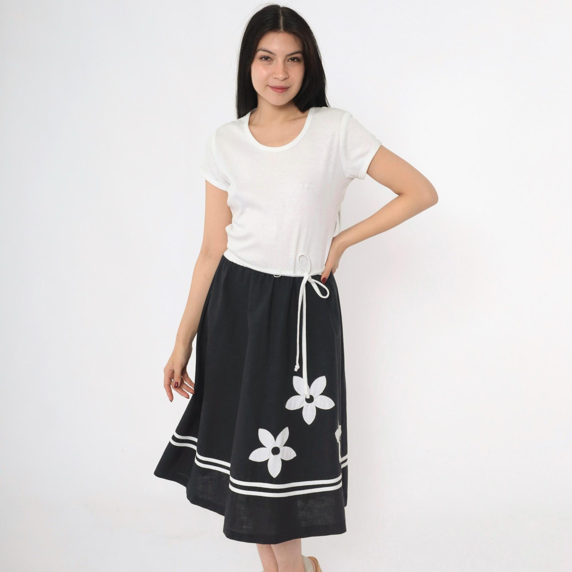 70s Toni Todd Black White Floral Appliqué Midi Dress High Waist Scoop Neck Medium