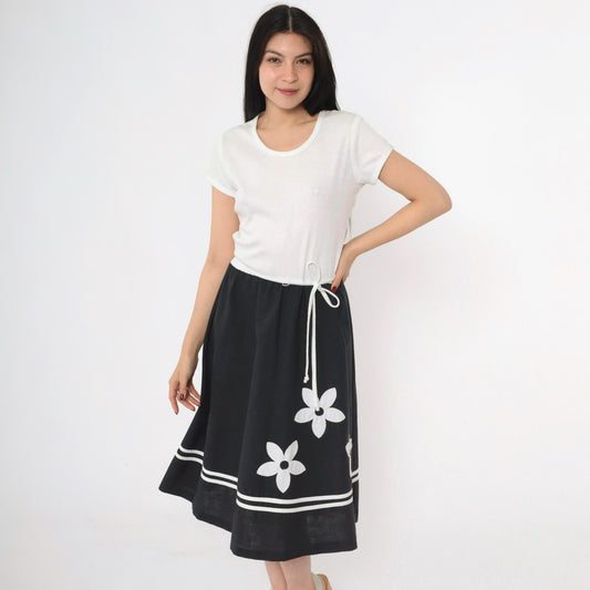 70s Toni Todd Black White Floral Appliqué Midi Dress High Waist Scoop Neck Medium