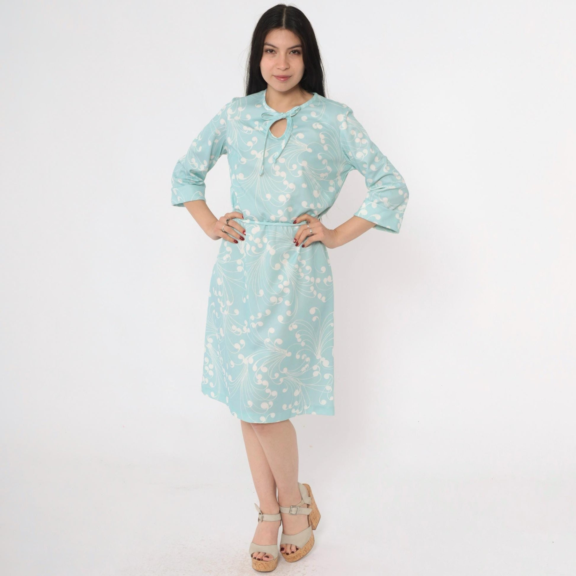 70s Lady Blair Aqua Swirl Print Shift Dress Keyhole Tie Neck Medium