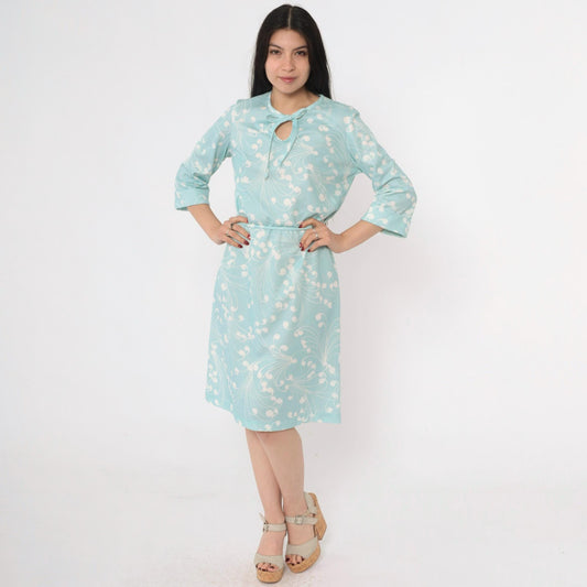 70s Lady Blair Aqua Swirl Print Shift Dress Keyhole Tie Neck Medium