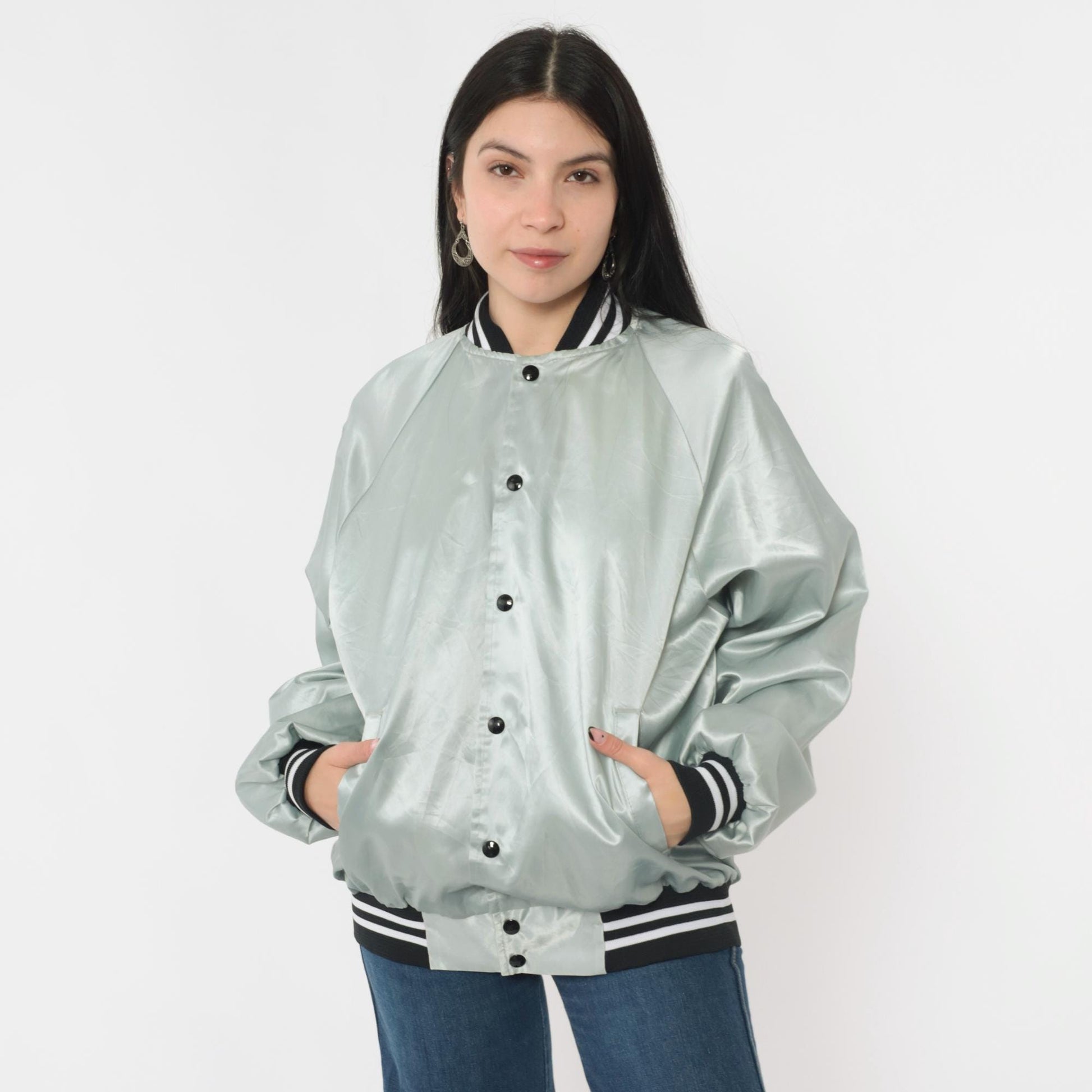 80s Silver Satin Bomber Jacket Tower Tavern Manitowoc Snap Front Men's Large