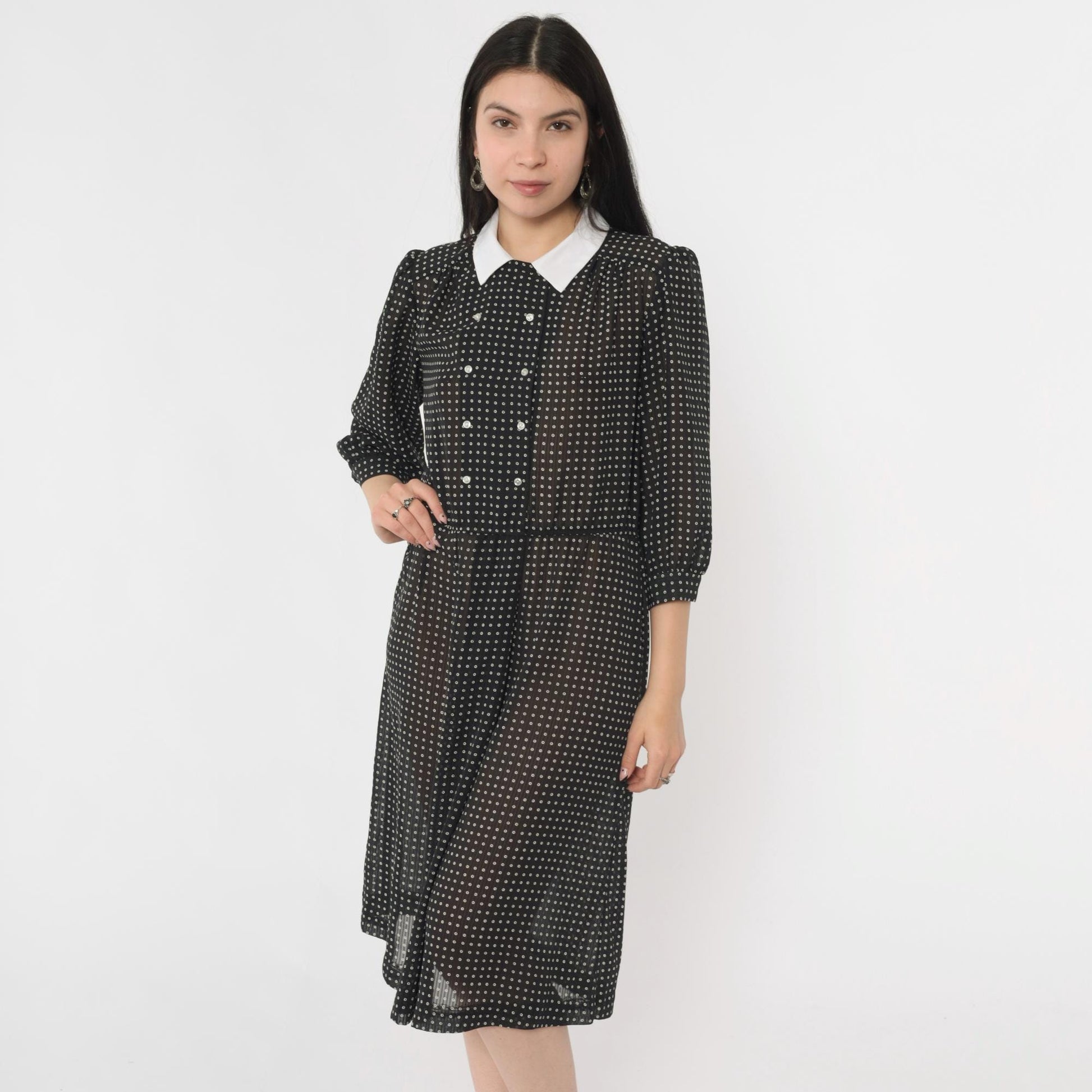 80s Black Polka Dot Midi Dress White Collar Puff Sleeve Button Front Medium M