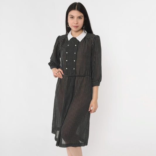 80s Black Polka Dot Midi Dress White Collar Puff Sleeve Button Front Medium M