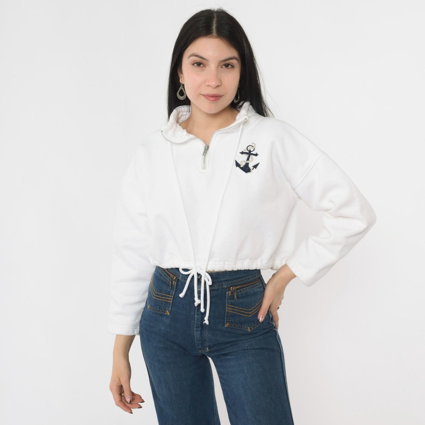 90s The Deep End White Anchor Embroidered Half-Zip Sweatshirt Cropped Large