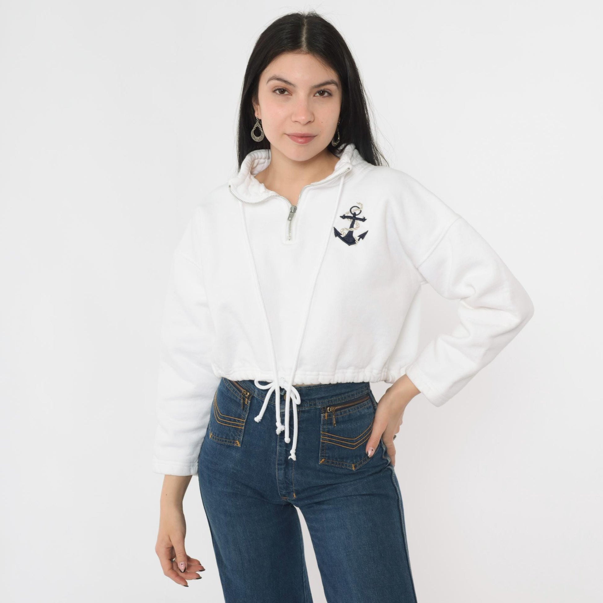 90s The Deep End White Anchor Embroidered Half-Zip Sweatshirt Cropped Large