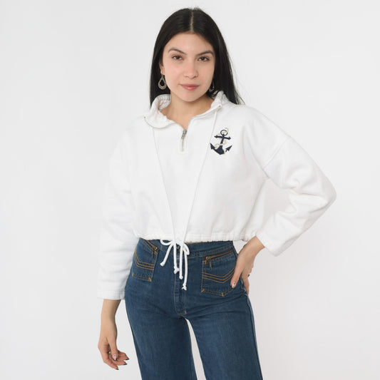 90s The Deep End White Anchor Embroidered Half-Zip Sweatshirt Cropped Large