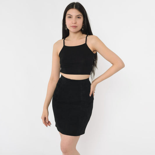 80s Black Suede Mini Skirt High Waist Bodycon Leather Extra Small