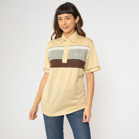 80s Anthony's Cream Striped Polo Shirt Brown White Collared Medium