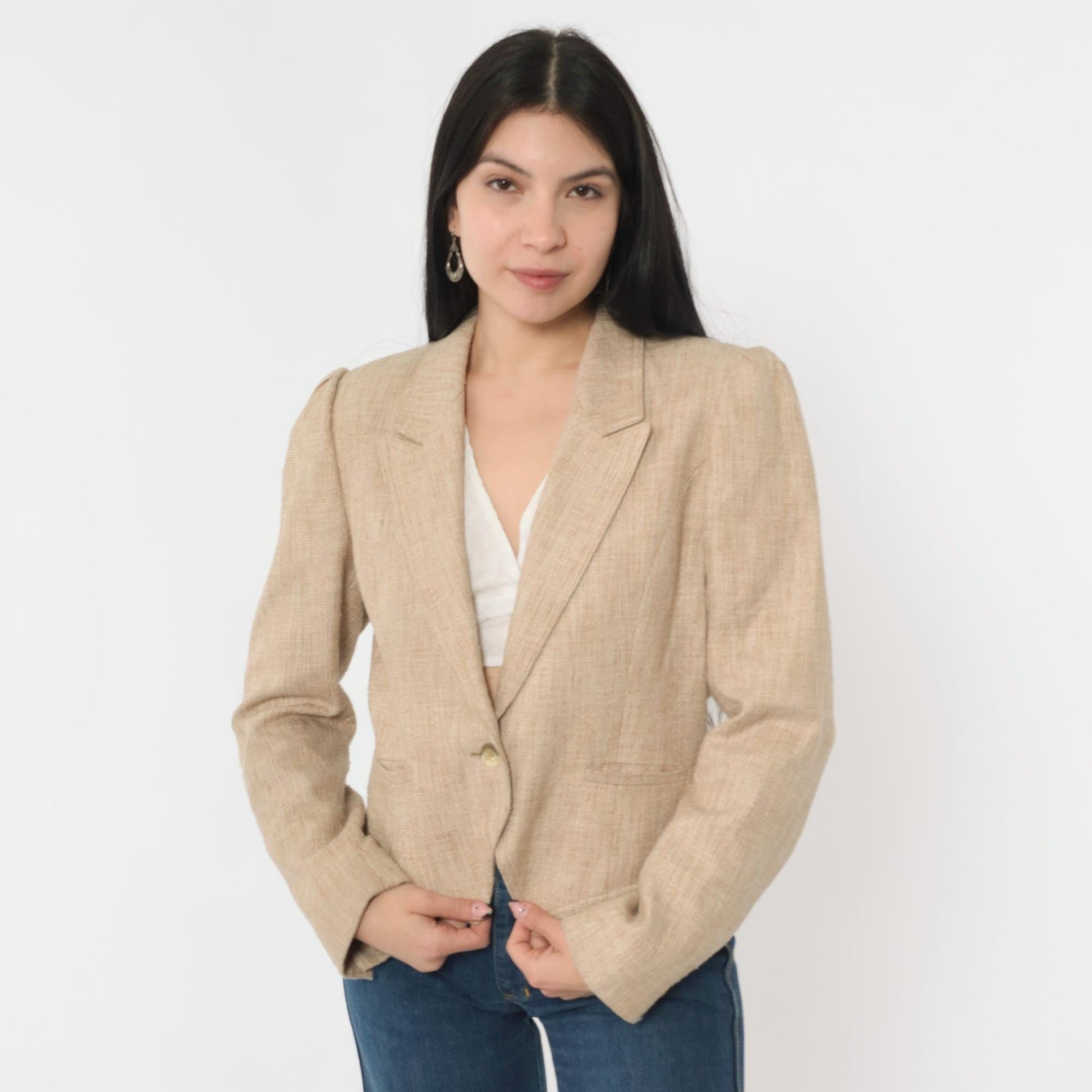 80s Tan Textured Blazer Puff Sleeve Single Button Cropped Tailored Medium