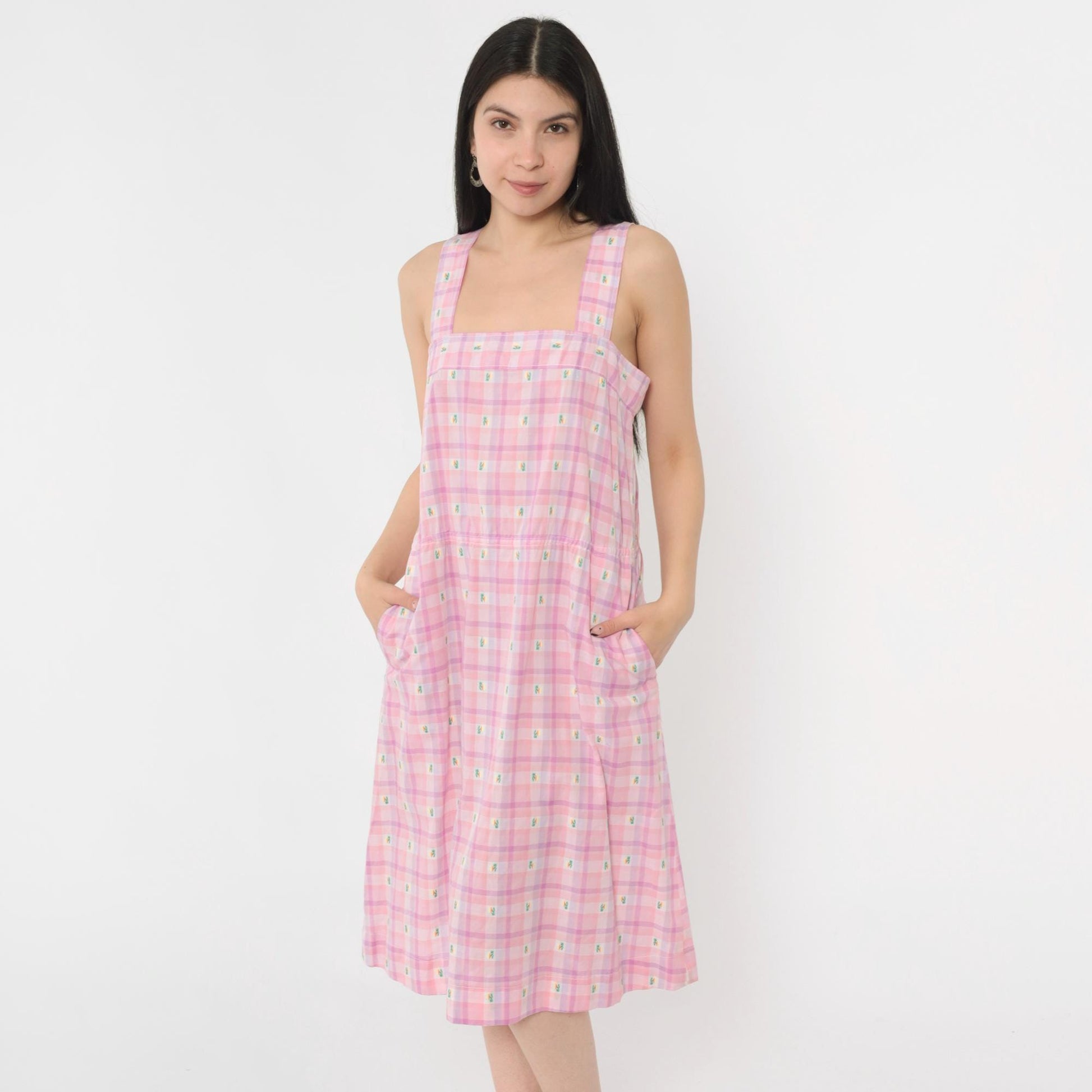 80s Pink Purple Plaid Midi Sundress Embroidered Palm Trees Sleeveless Small