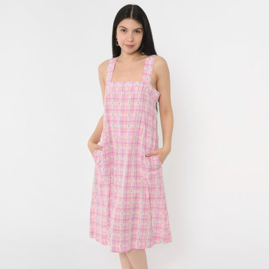 80s Pink Purple Plaid Midi Sundress Embroidered Palm Trees Sleeveless Small