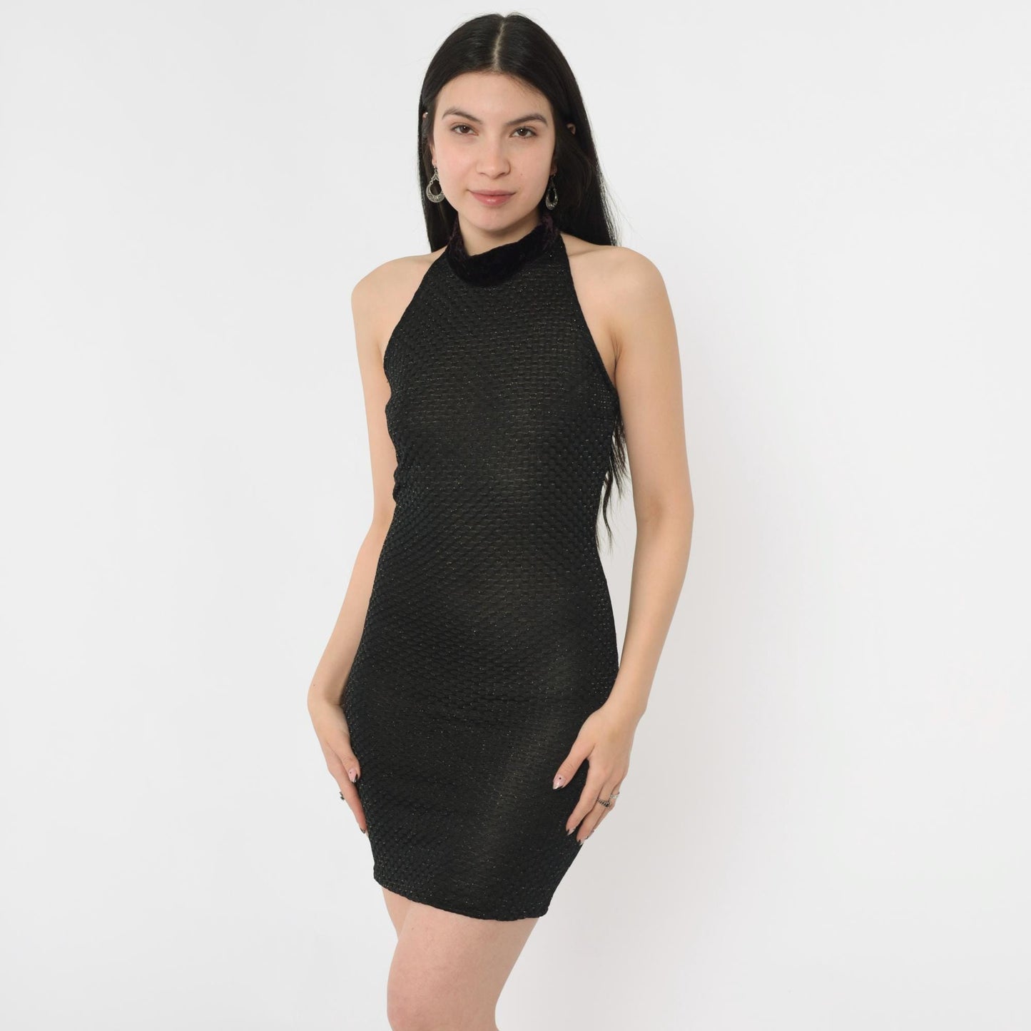 90s Black Metallic Bodycon Mini Dress Velvet Halter Sleeveless Extra Small