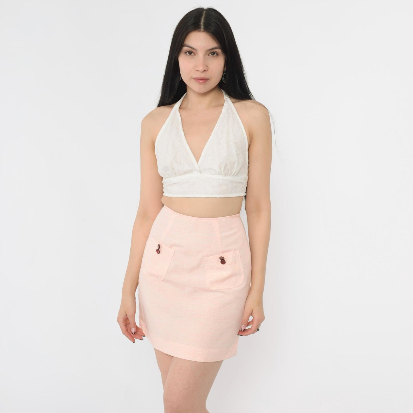 60s Pink Mini Skirt High Waist Mod Pencil Cut Pockets Extra Small