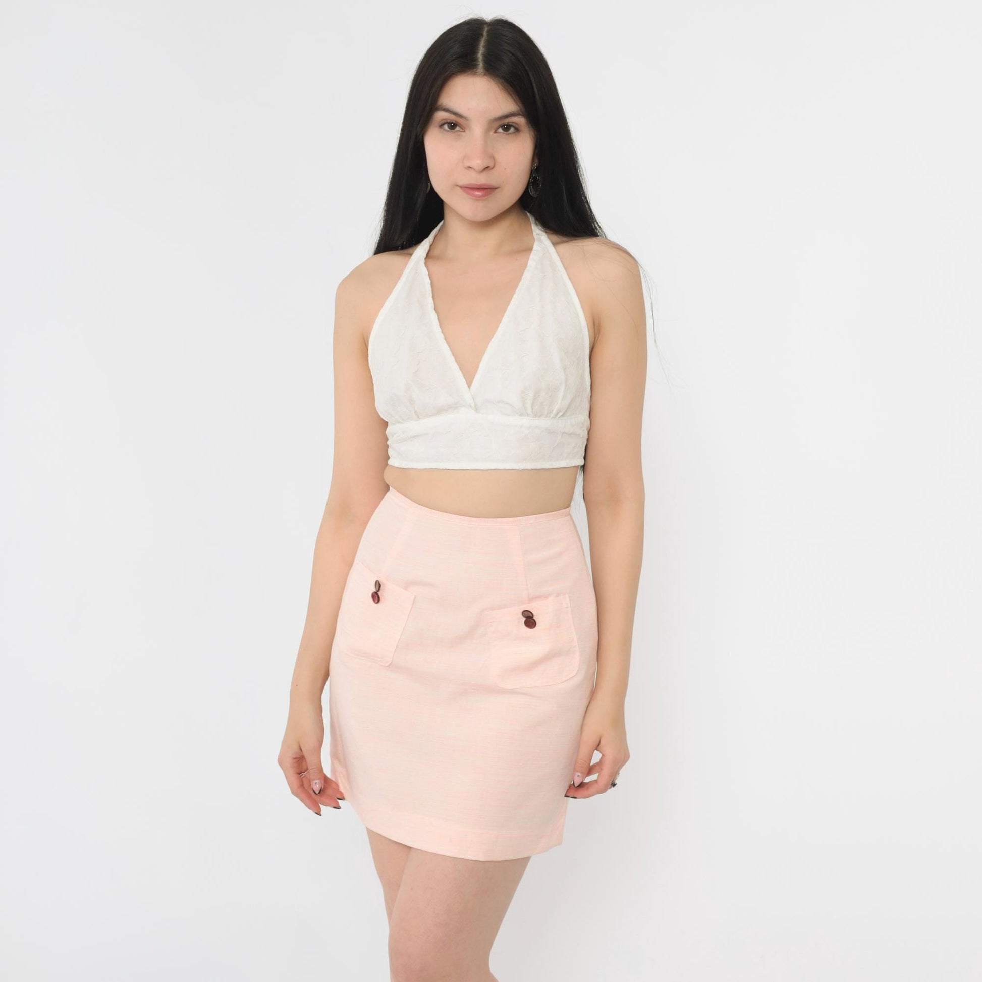 60s Pink Mini Skirt High Waist Mod Pencil Cut Pockets Extra Small