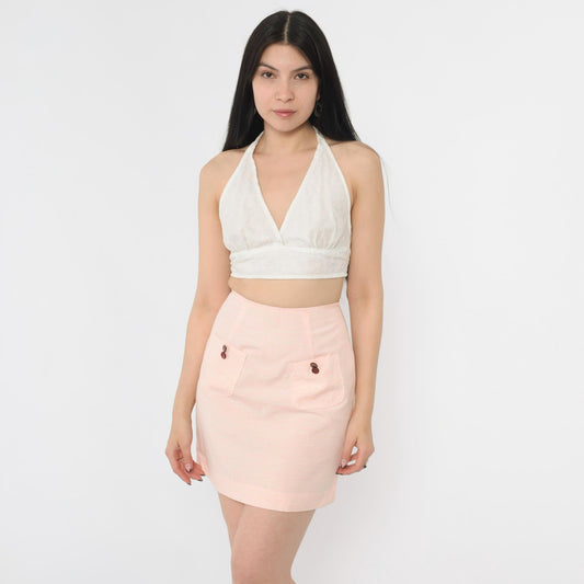 60s Pink Mini Skirt High Waist Mod Pencil Cut Pockets Extra Small