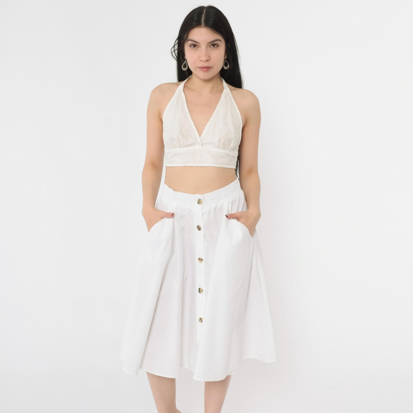 80s West Park White Button-Up Midi Skirt High Waist A-Line Pockets Small