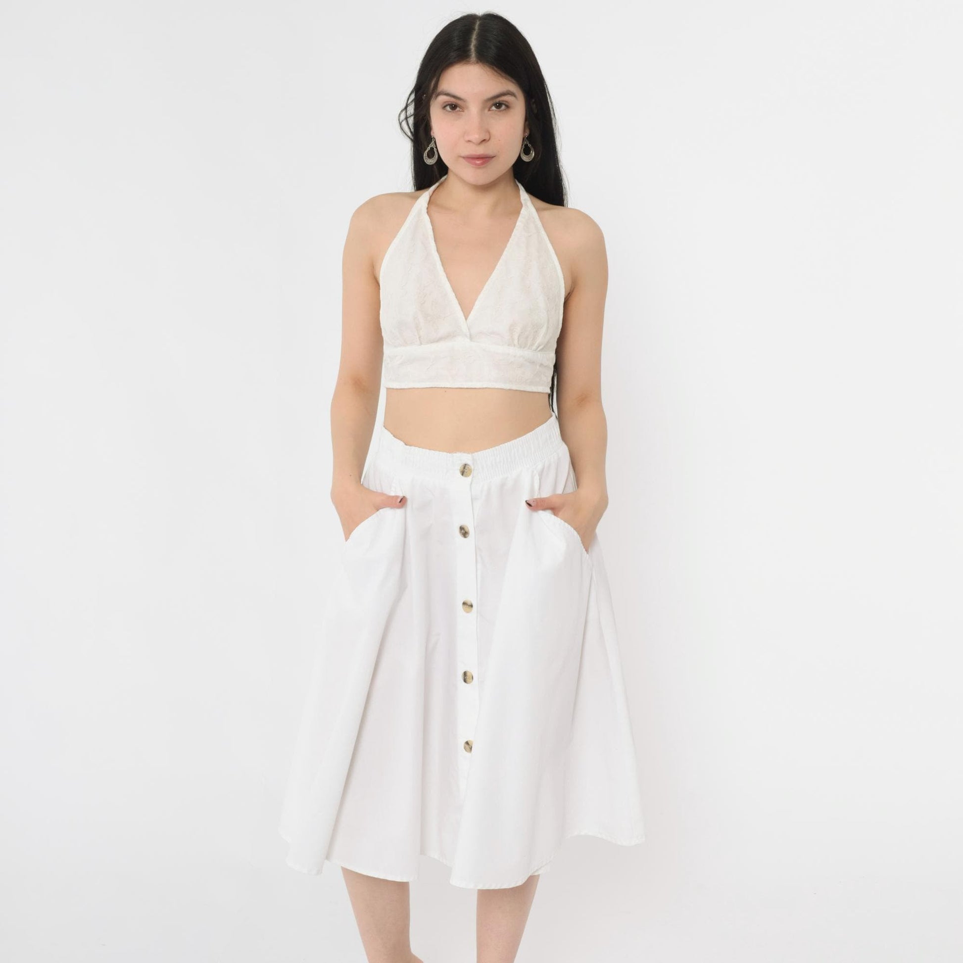 80s West Park White Button-Up Midi Skirt High Waist A-Line Pockets Small