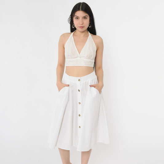 80s West Park White Button-Up Midi Skirt High Waist A-Line Pockets Small