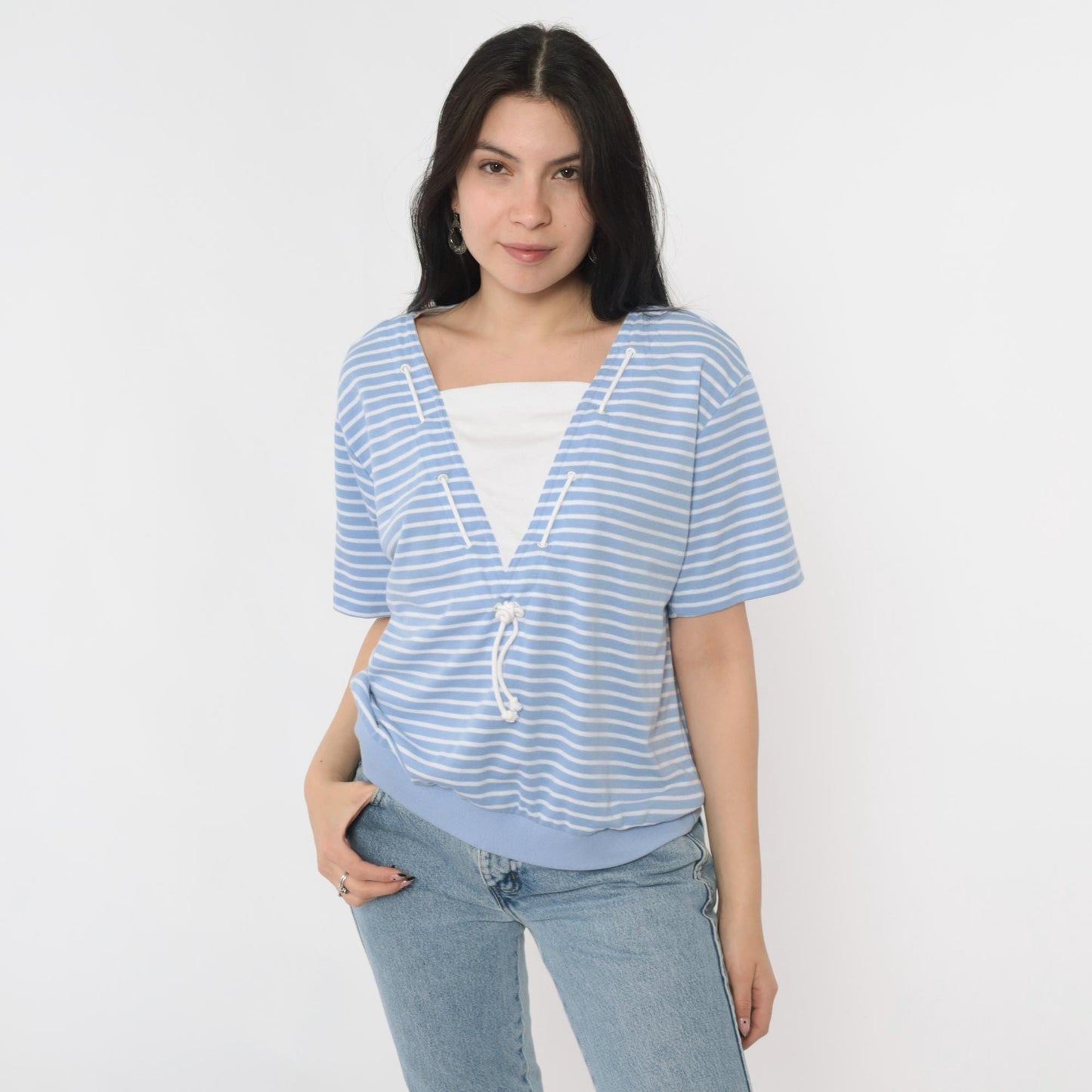 80s Jantzen Nautical Striped Shirt Light Blue White Drawstring Neck Medium Large