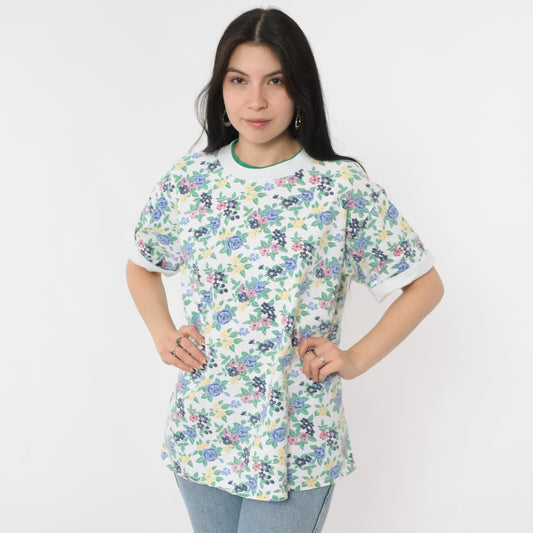 90s Floral Ringer Tee White Green Blue Rose Graphic Cuffed Sleeve Extra Large