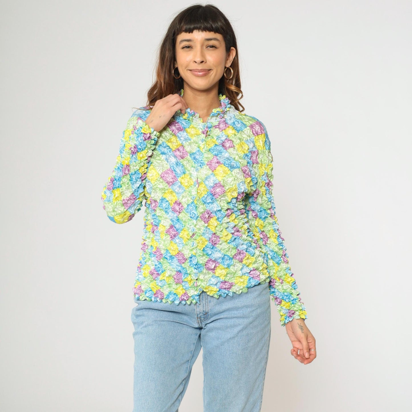 Y2K Pastel Harlequin Diamond Popcorn Shirt Crinkle Stretch Button Up Small