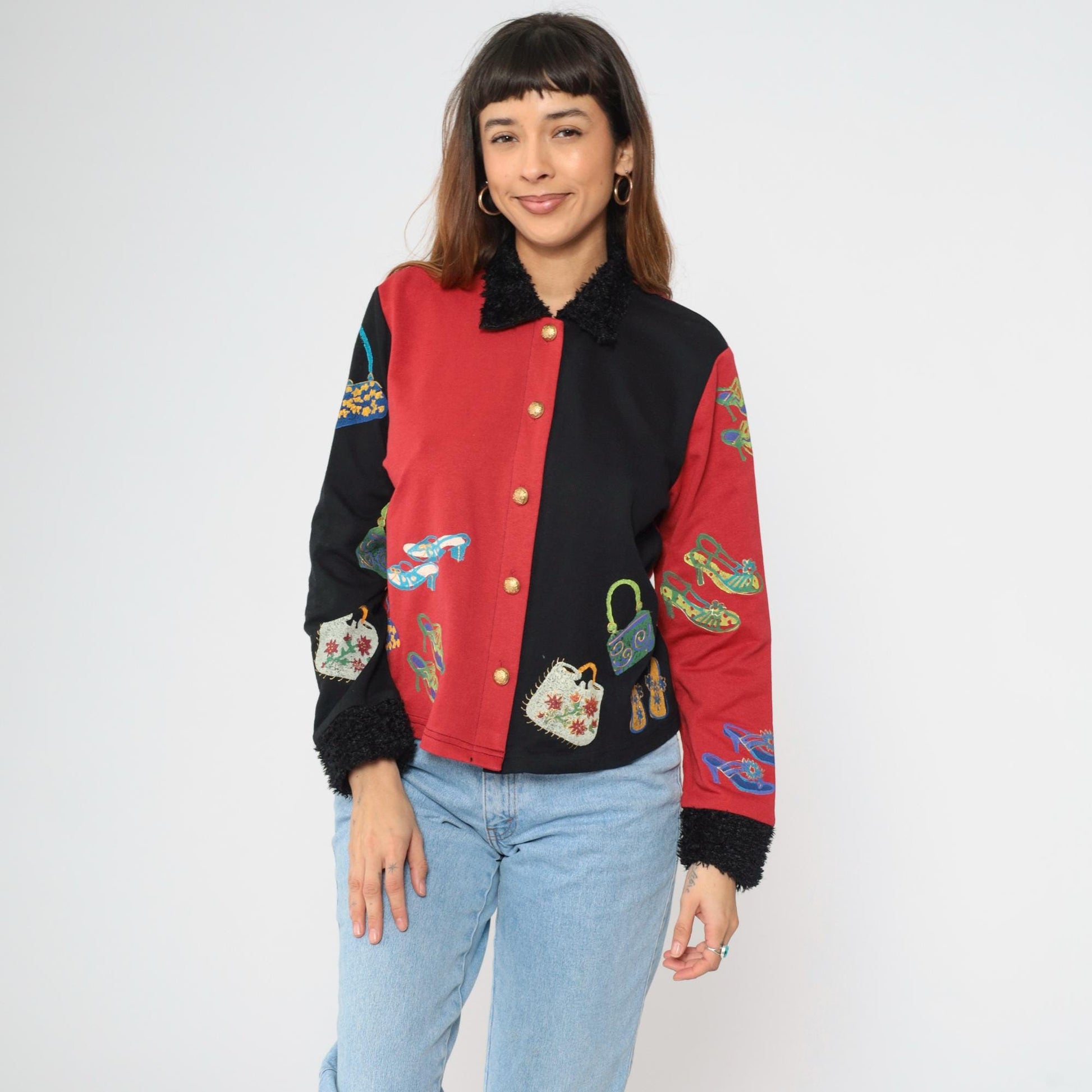 Y2K Shoe Handbag Print Jacket Black Red Color Block Fuzzy Collar Medium M