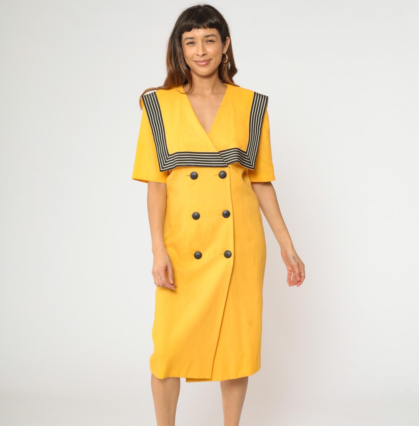 80s Yellow Sailor Collar Midi Dress Double Breasted Black Striped Medium