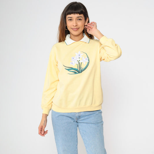 90s Yellow Floral Collared Sweatshirt Graphic Crewneck Medium M