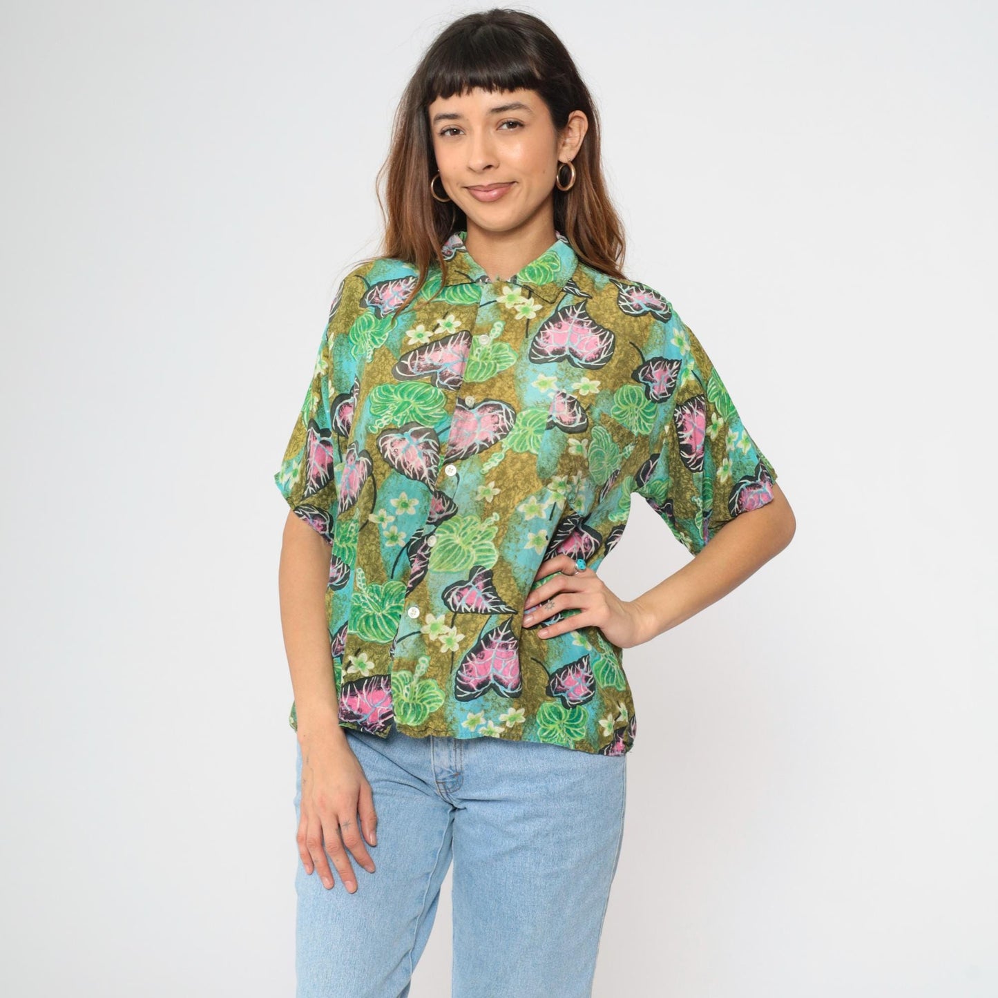 90s Tropical Floral Green Button Up Shirt Men's Medium Short Sleeve