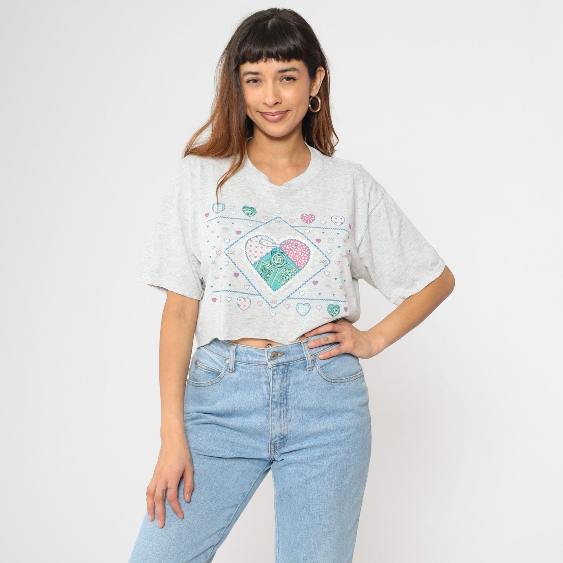 90s Jerzees Cropped Heart Patchwork T-Shirt Grey Graphic Tee Large L