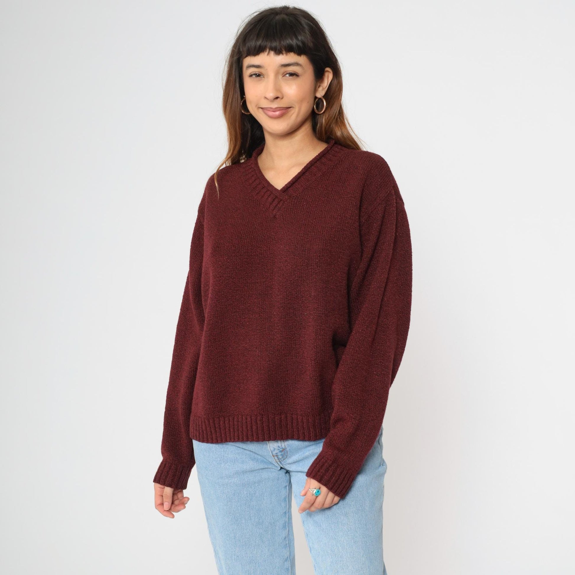 90s Burgundy V-Neck Knit Sweater Pullover Medium M