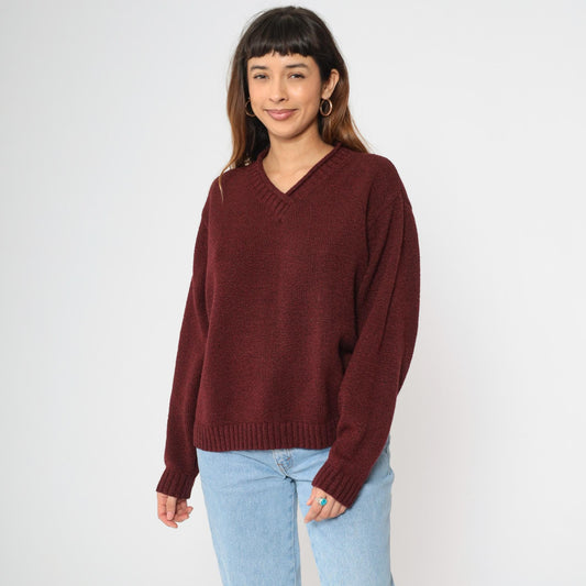 90s Burgundy V-Neck Knit Sweater Pullover Medium M