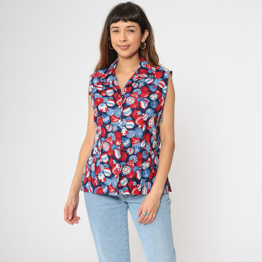 90s Patriotic Balloon Print Sleeveless Button-Up Shirt Red White Blue Large L
