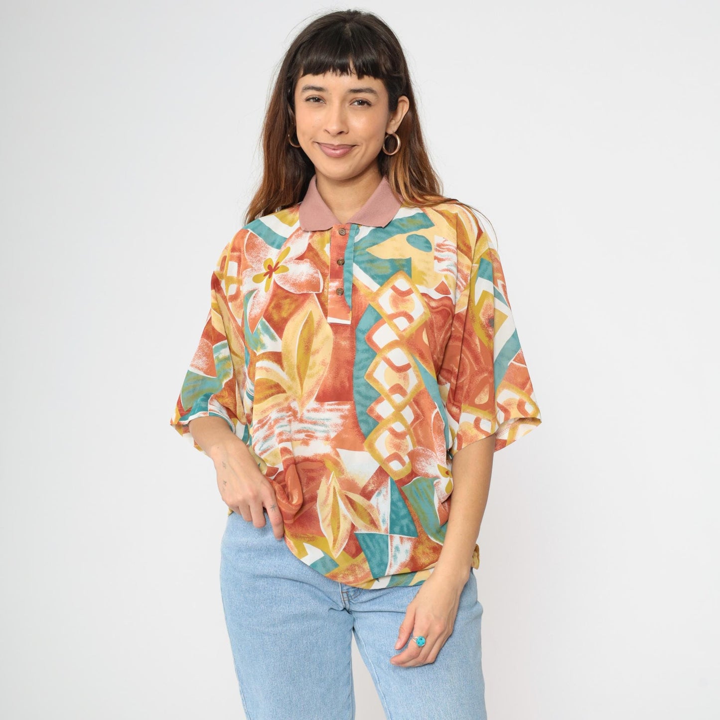 Y2K Tropical Floral Polo Shirt Multicolor Abstract Print Orange Large