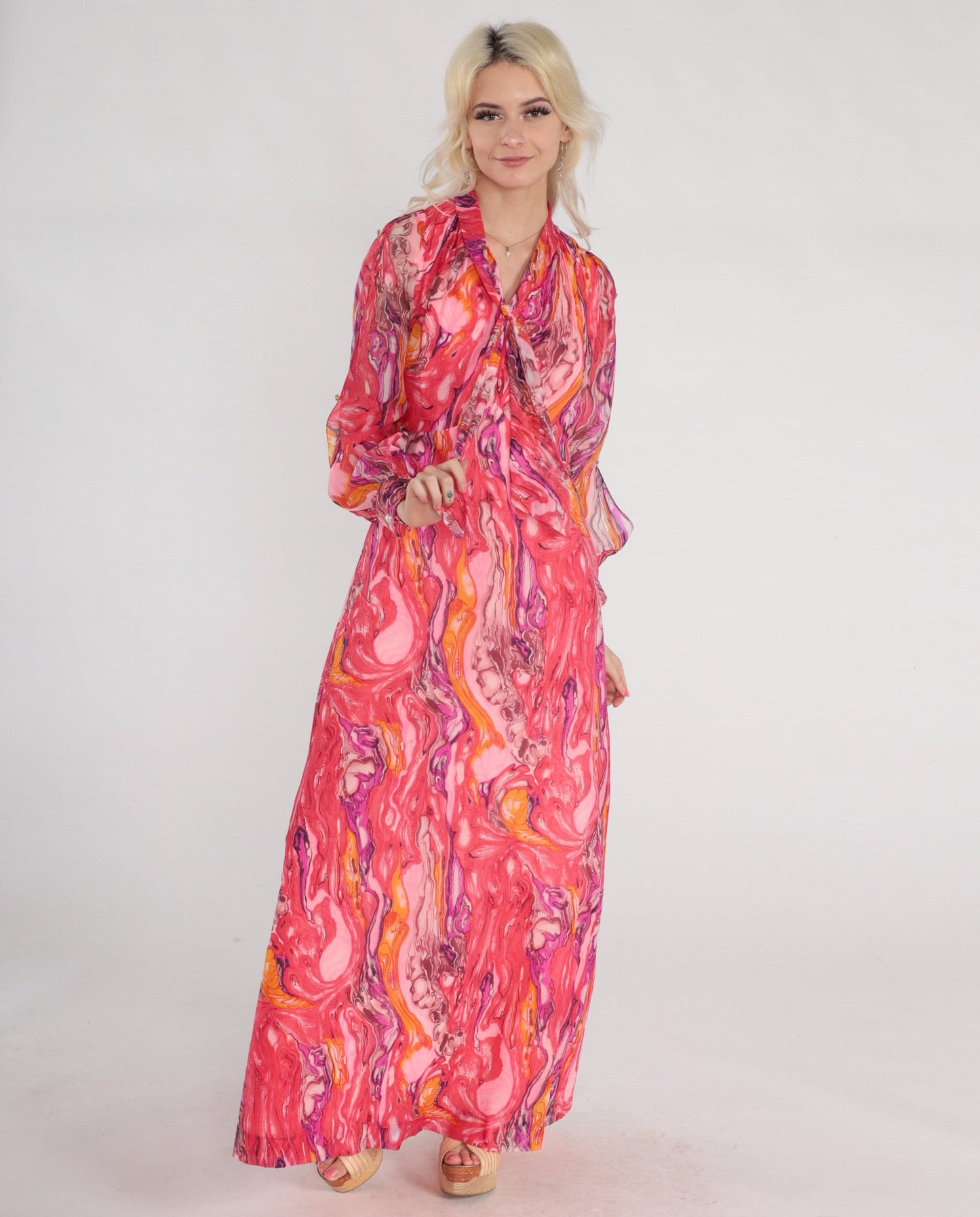 70s Psychedelic Marble Print Maxi Dress Pink Orange Purple Keyhole Tie Neck Small