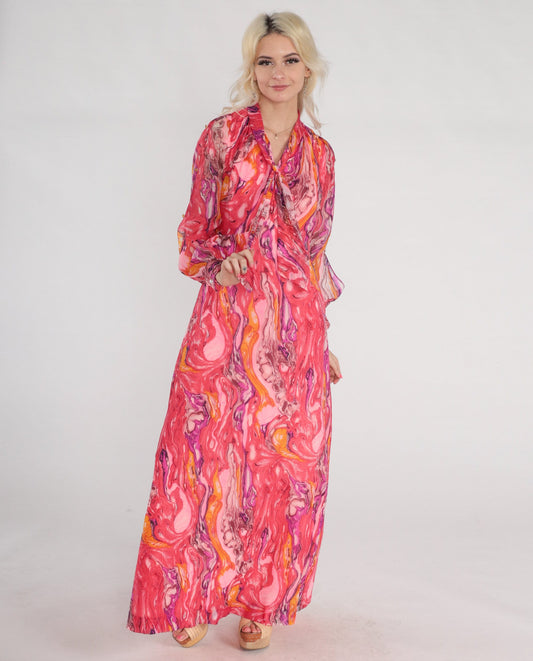 70s Psychedelic Marble Print Maxi Dress Pink Orange Purple Keyhole Tie Neck Small