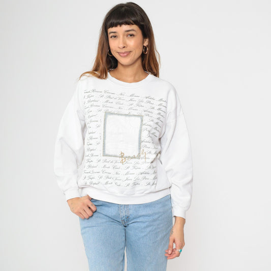 90s French Riviera Sweatshirt White Palm Tree Beach Print Crewneck Large L