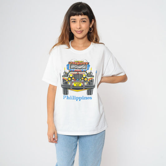 Philippines Jeepney Graphic T-Shirt White Crew Neck Travel Souvenir Large L