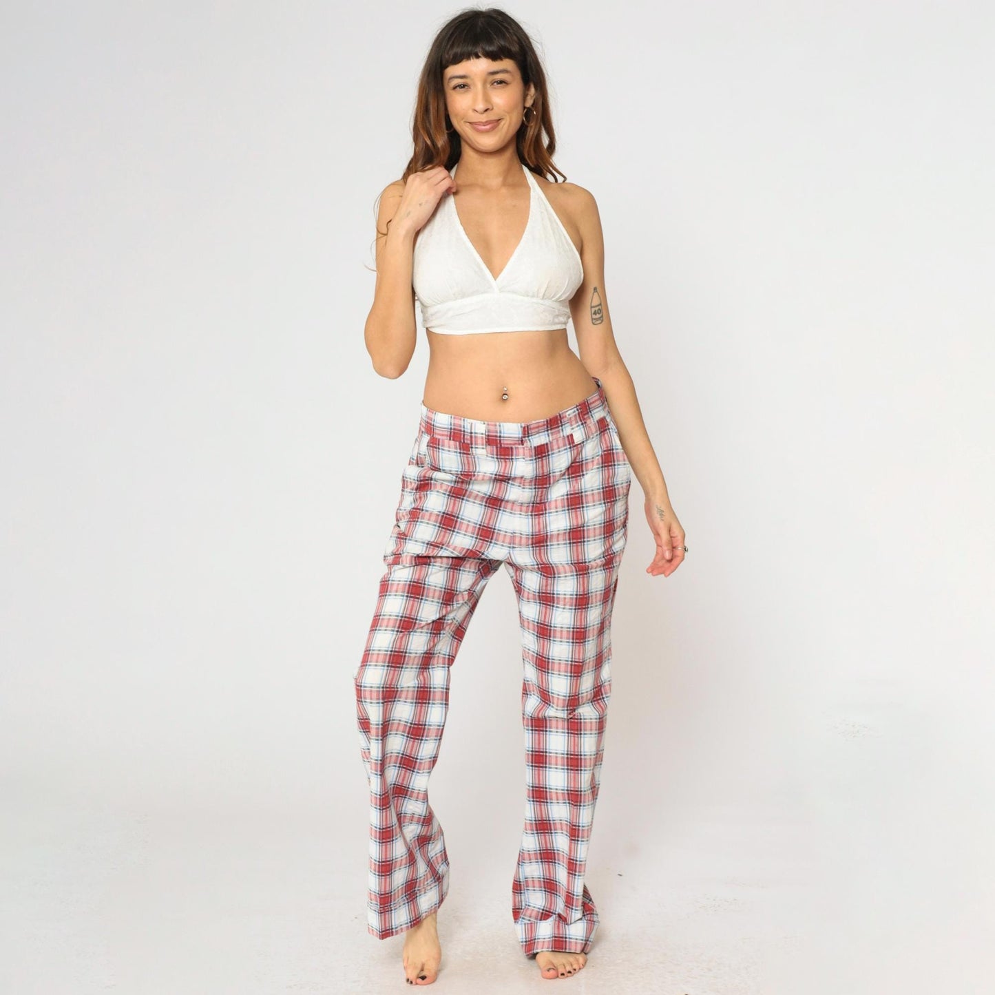 70s Haggar Plaid Trousers Red White Blue High Waisted Straight Leg Men's 34