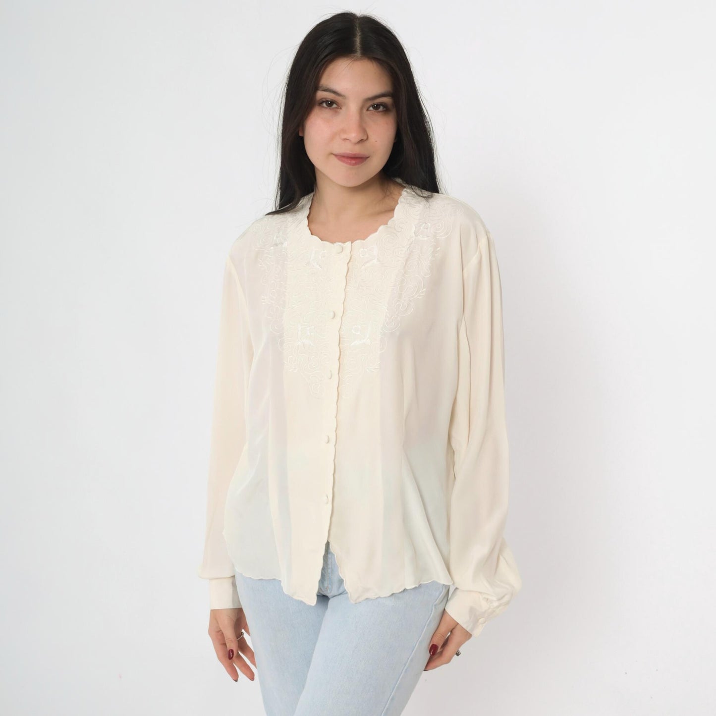 90s Mikado Ivory Embroidered Blouse Bird Motif Scalloped Long Sleeve Large L