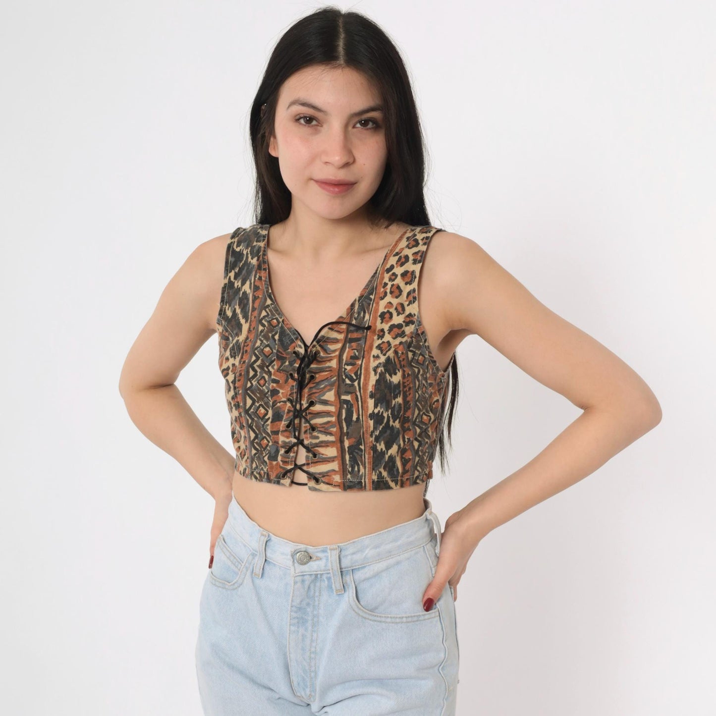 90s Leopard Geometric Print Crop Tank Lace-Up Front Small S
