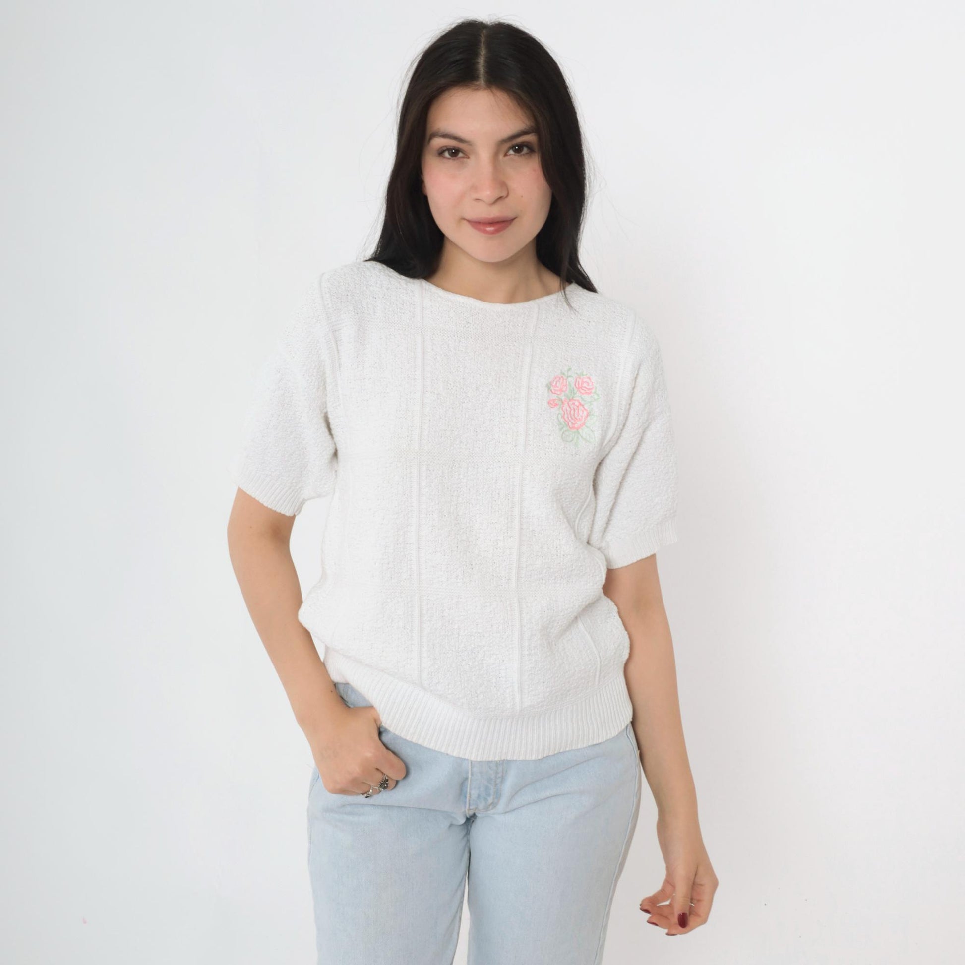 80s Lauren Knitwear Floral Embroidered Cotton Knit Top White Short Sleeve Small