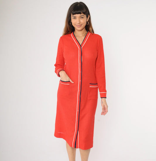 70s Red Knit Sweater Dress Striped Trim Button Front Midi Medium