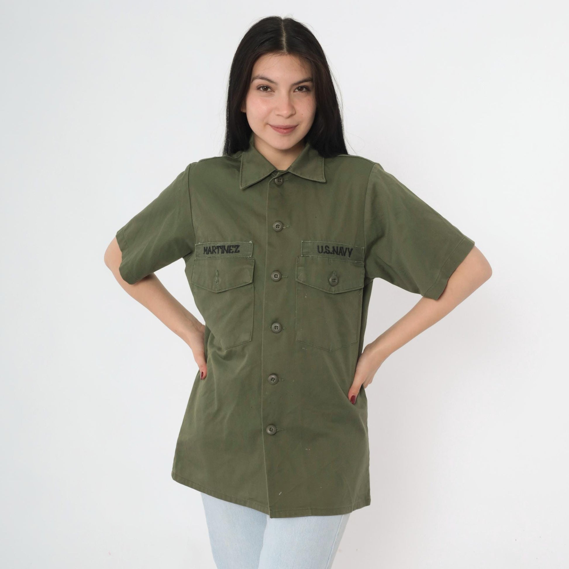 70s U.S. Navy Olive Green Cotton Twill Military Utility Shirt Small
