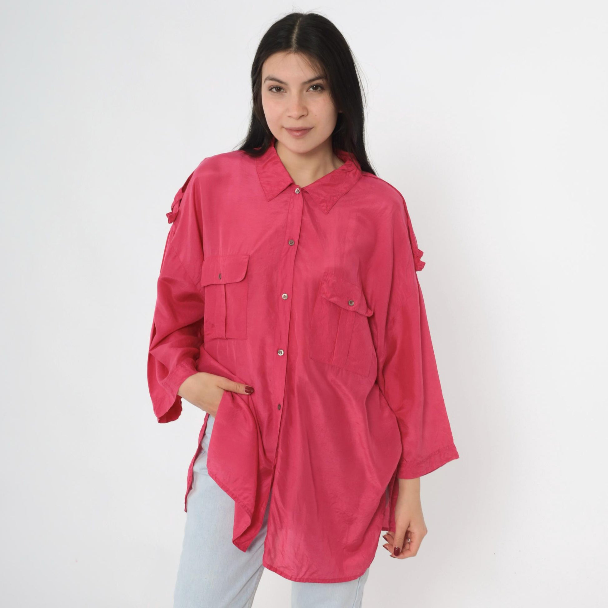 90s Pink Silk Button-Up Blouse Epaulet Chest Pockets Long Sleeve Large 14