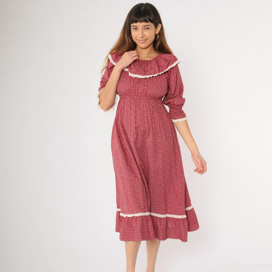 70s Burgundy Calico Floral Peasant Dress Empire Waist Midi Lace Small